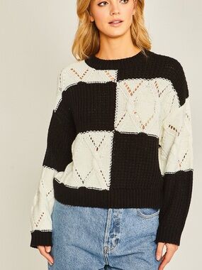 Black & White Chunky Knit Patchwork Sweater